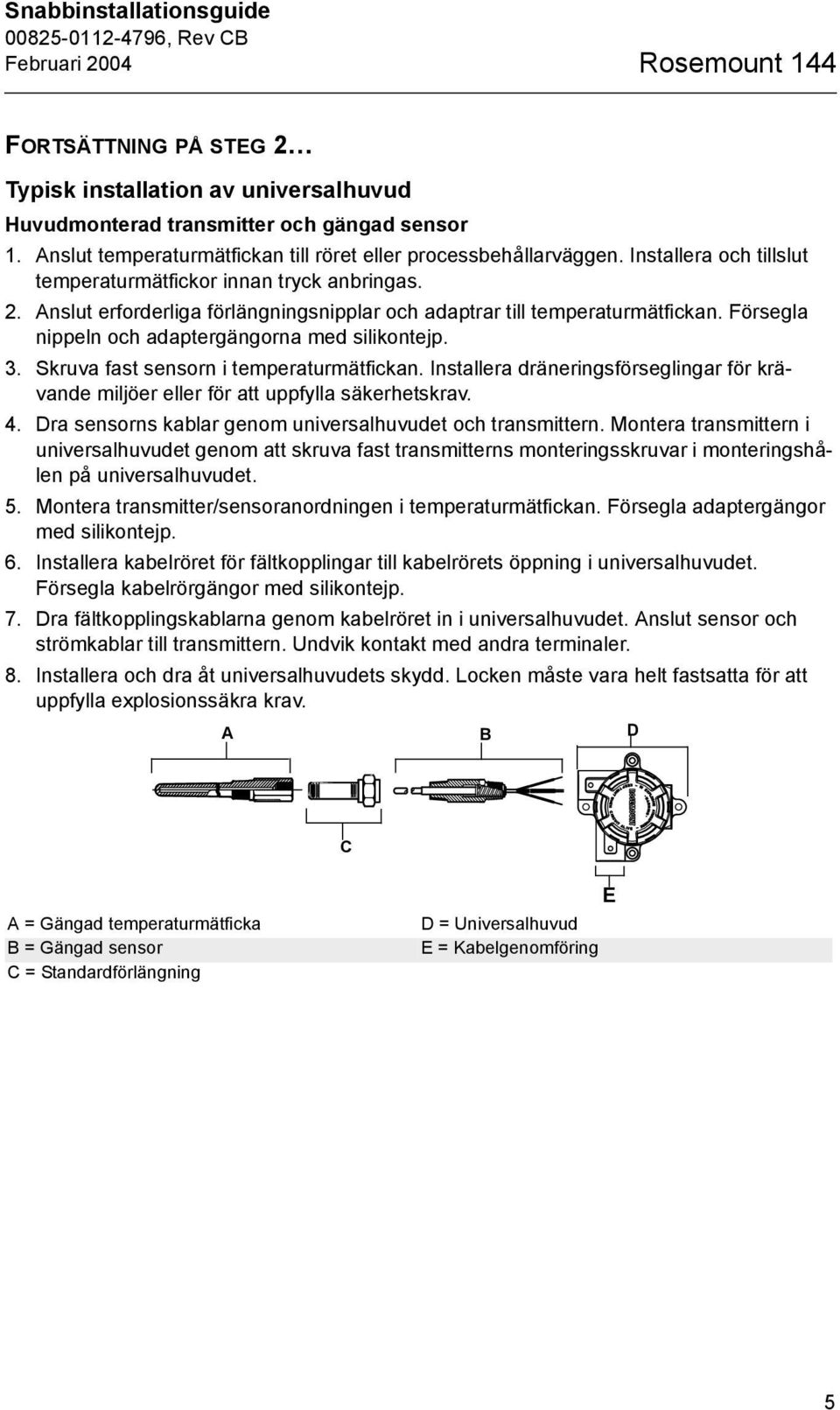 Anslut erforderliga förlängningsnipplar och adaptrar till temperaturmätfickan. Försegla nippeln och adaptergängorna med silikontejp. 3. Skruva fast sensorn i temperaturmätfickan.