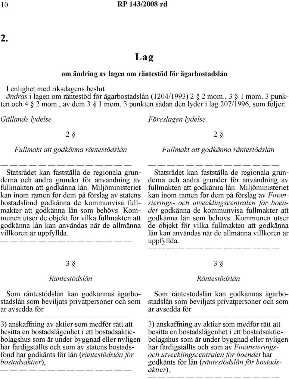 3 punkten sådan den lyder i lag 207/1996, som följer: Gällande lydelse Föreslagen lydelse 2 Fullmakt att godkänna räntestödslån Statsrådet kan fastställa de regionala grunderna och andra grunder för