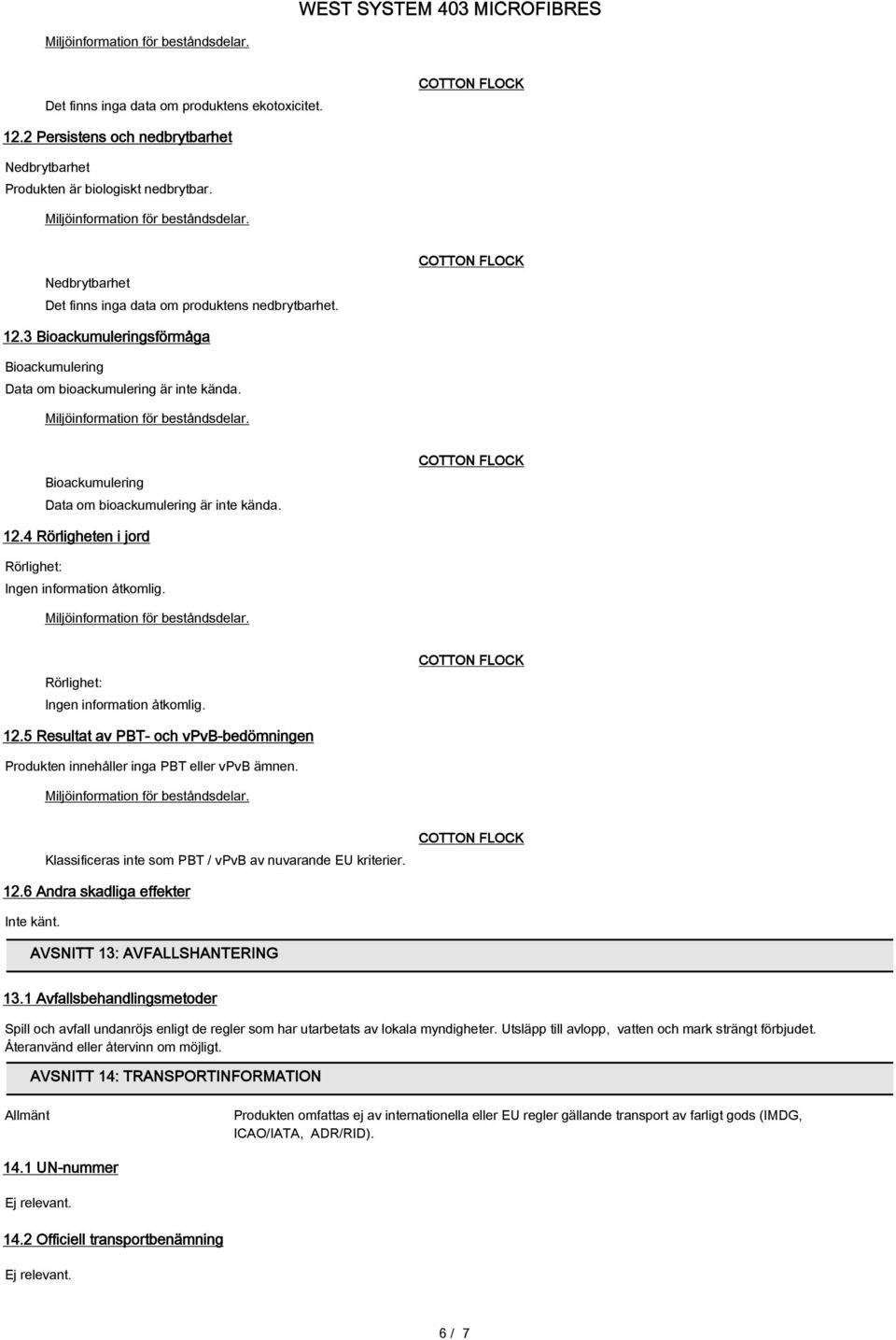 Klassificeras inte som PBT / vpvb av nuvarande EU kriterier. 12.6 Andra skadliga effekter AVSNITT 13: AVFALLSHANTERING 13.