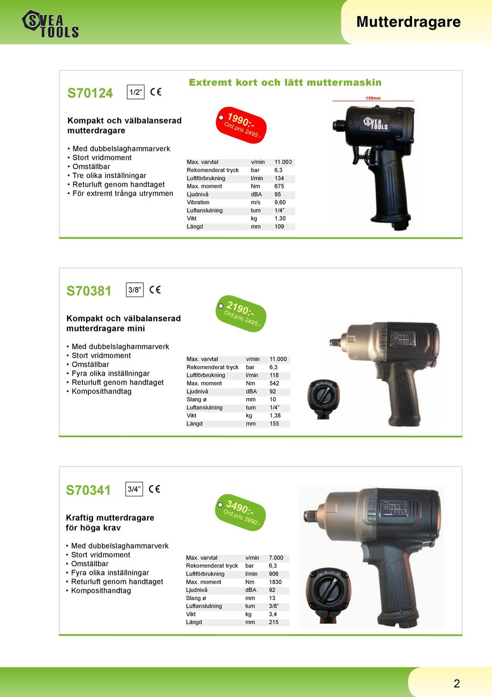 moment Nm 675 Ljudnivå dba 95 Vibration m/s 9,60 Vikt kg 1,30 Längd mm 109 S70381 3/8 Kompakt och välbalanserad mutterdragare mini Med dubbelslaghammarverk Fyra olika inställningar 2190:- Max.