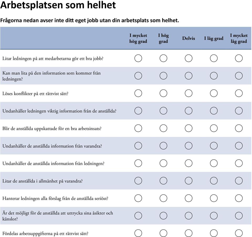 Löses konflikter på ett rättvist sätt? Undanhåller ledningen viktig information från de anställda? Blir de anställda uppskattade för en bra arbetsinsats?