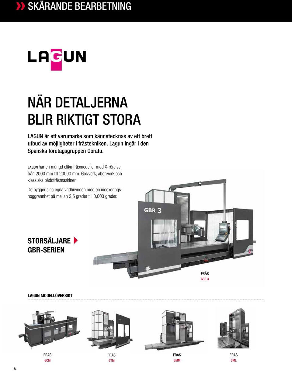 LAGUN har en mängd olika fräsmodeller med X-rörelse från 2000 mm till 20000 mm. Golvverk, aborrverk och klassiska bäddfräsmaskiner.