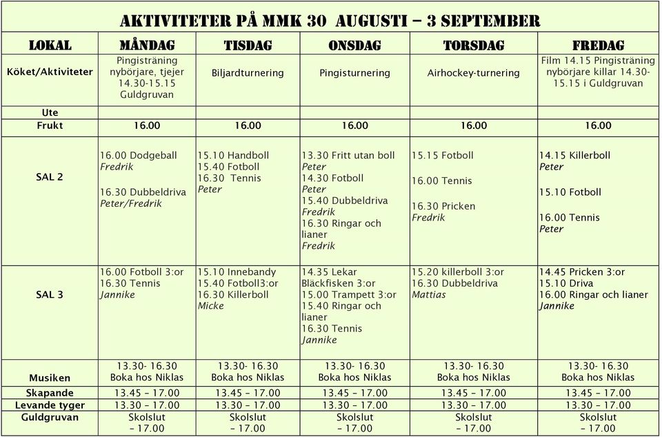 00 Dodgeball 16.30 Dubbeldriva / 15.10 Handboll 15.40 Fotboll 16.30 Tennis 13.30 Fritt utan boll 14.30 Fotboll 15.40 Dubbeldriva 16.30 Ringar och lianer 15.15 Fotboll 16.00 Tennis 16.30 Pricken 14.