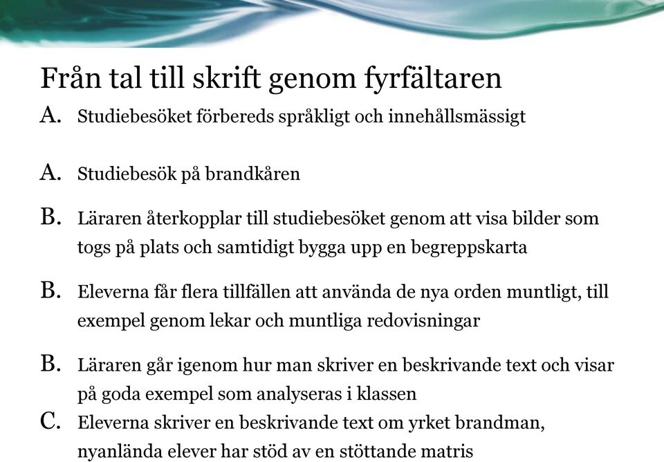 Eleverna får flera tillfällen att använda de nya orden muntligt, till exempel genom lekar och muntliga redovisningar B.