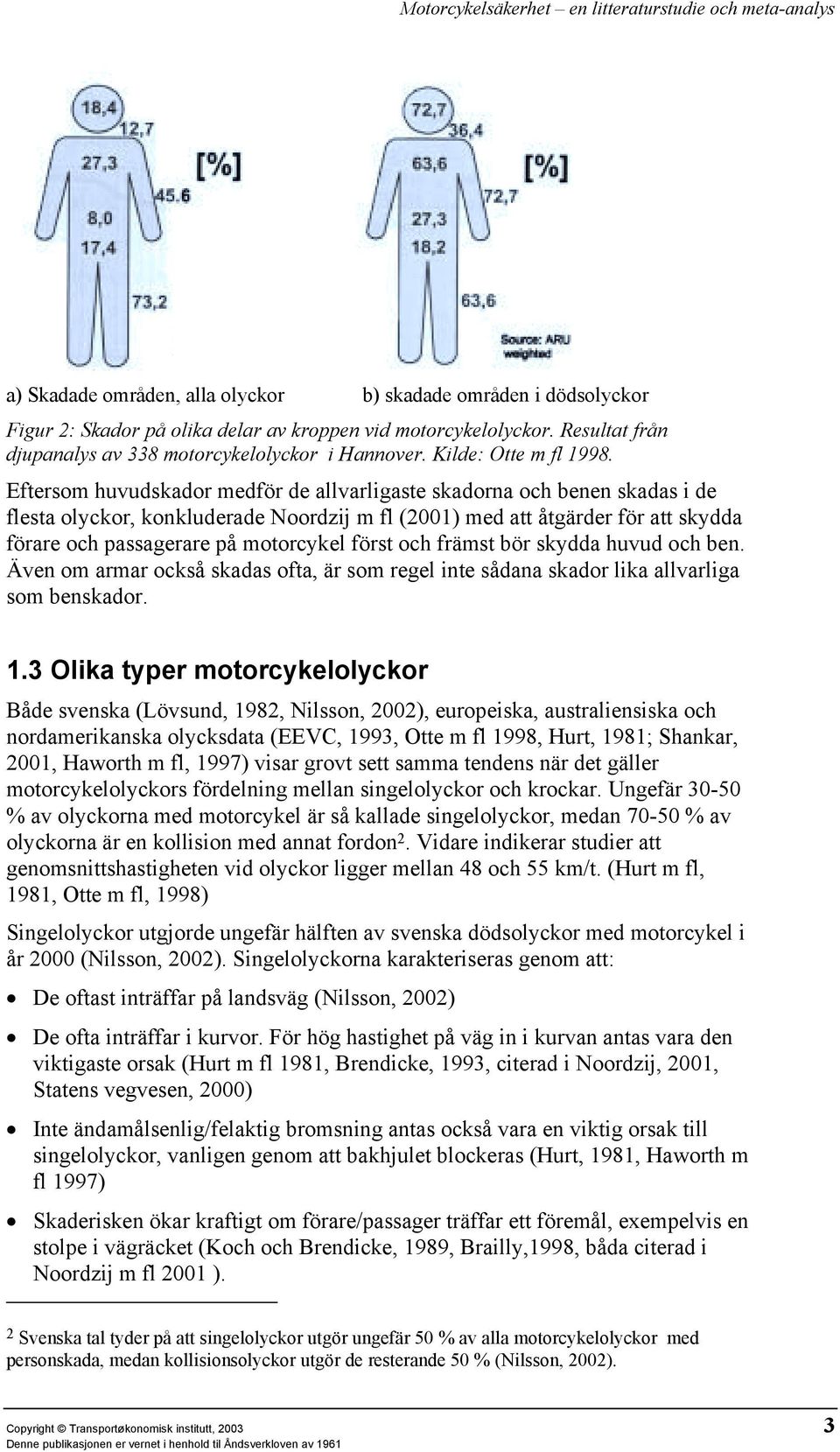 Eftersom huvudskador medför de allvarligaste skadorna och benen skadas i de flesta olyckor, konkluderade Noordzij m fl (2001) med att åtgärder för att skydda förare och passagerare på motorcykel