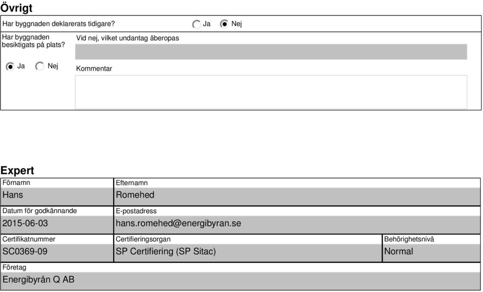 2015-06-03 Certifikatnummer SC0369-09 Företag Energibyrån Q AB Efternamn Romehed