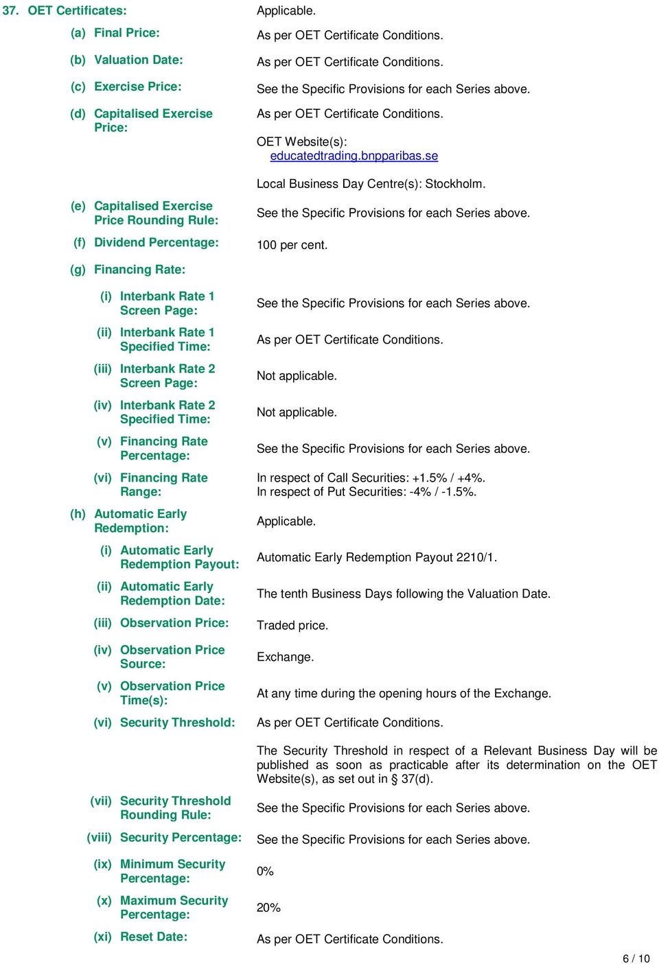 See the Specific Provisions for each Series above. As per OET Certificate Conditions. OET Website(s): educatedtrading.bnpparibas.se Local Business Day Centre(s): Stockholm.