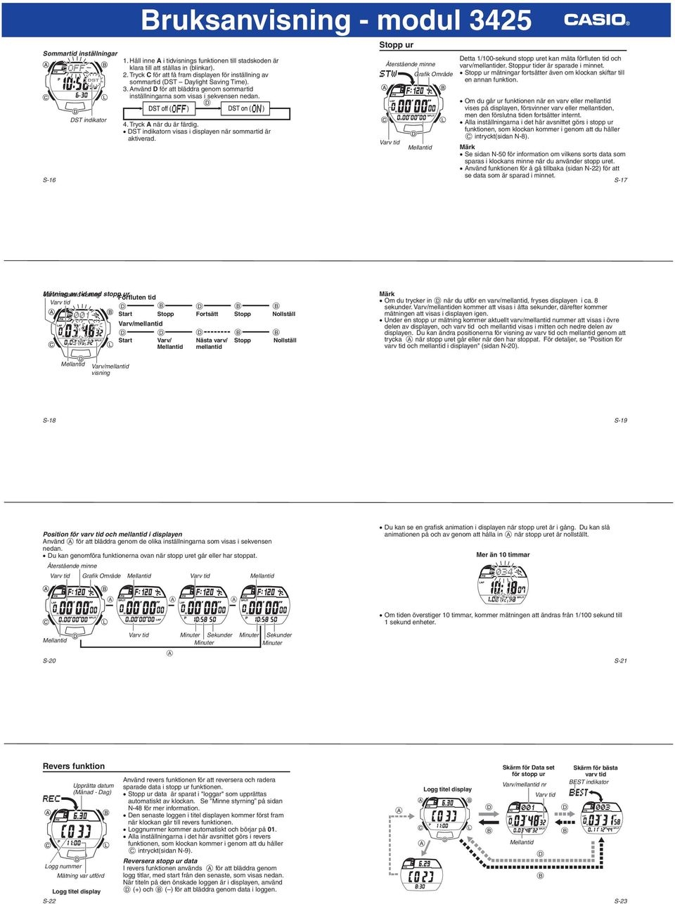 D DST indikatorn visas i dispayen när sommartid är aktiverad. Stopp ur Återstående minne Grafik Område Meantid Detta 1/100-sekund stopp uret kan mäta förfuten tid och varv/meantider.