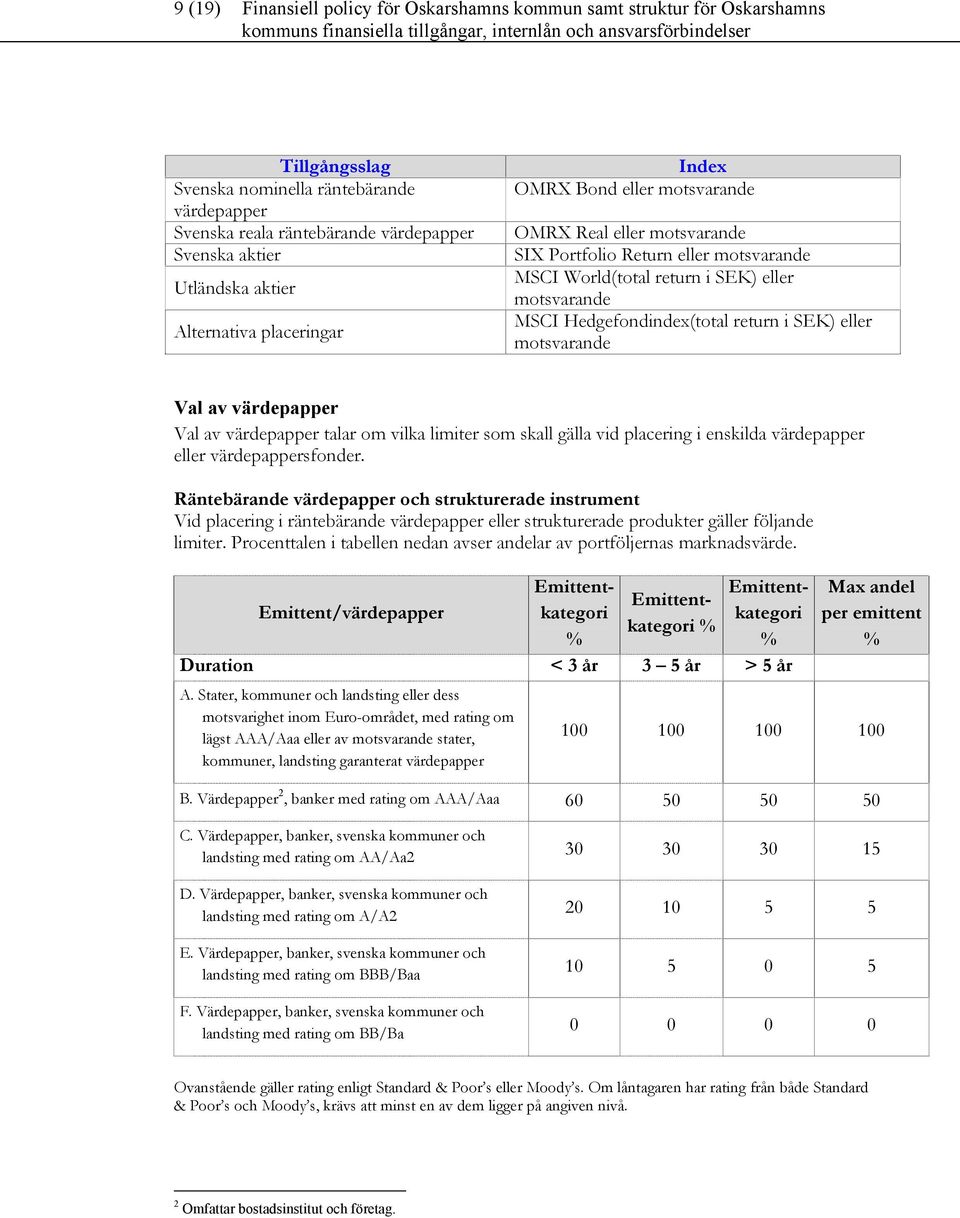 Hedgefondindex(total return i SEK) eller motsvarande Val av värdepapper Val av värdepapper talar om vilka limiter som skall gälla vid placering i enskilda värdepapper eller värdepappersfonder.