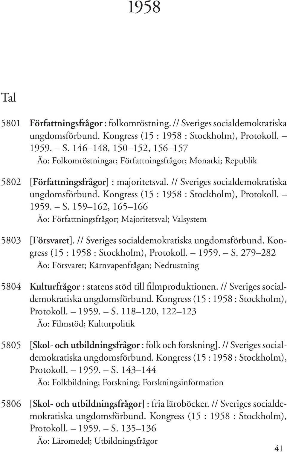 // Sveriges socialdemokratiska ungdomsförbund. Kongress (15 : 1958 : Stockholm), Protokoll. 1959. S. 279 282 Äo: Försvaret; Kärnvapenfrågan; Nedrustning 5804 Kulturfrågor : statens stöd till filmproduktionen.