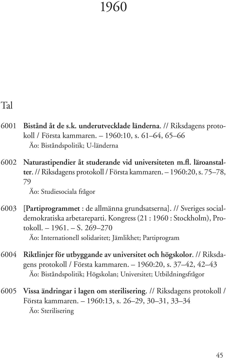 75 78, 79 Äo: Studiesociala frågor 6003 [Partiprogrammet : de allmänna grundsatserna]. // Sveriges socialdemokratiska arbetareparti. Kongress (21 : 1960 : Stockholm), Protokoll. 1961. S. 269 270 Äo: Internationell solidaritet; Jämlikhet; Partiprogram 6004 Riktlinjer för utbyggande av universitet och högskolor.