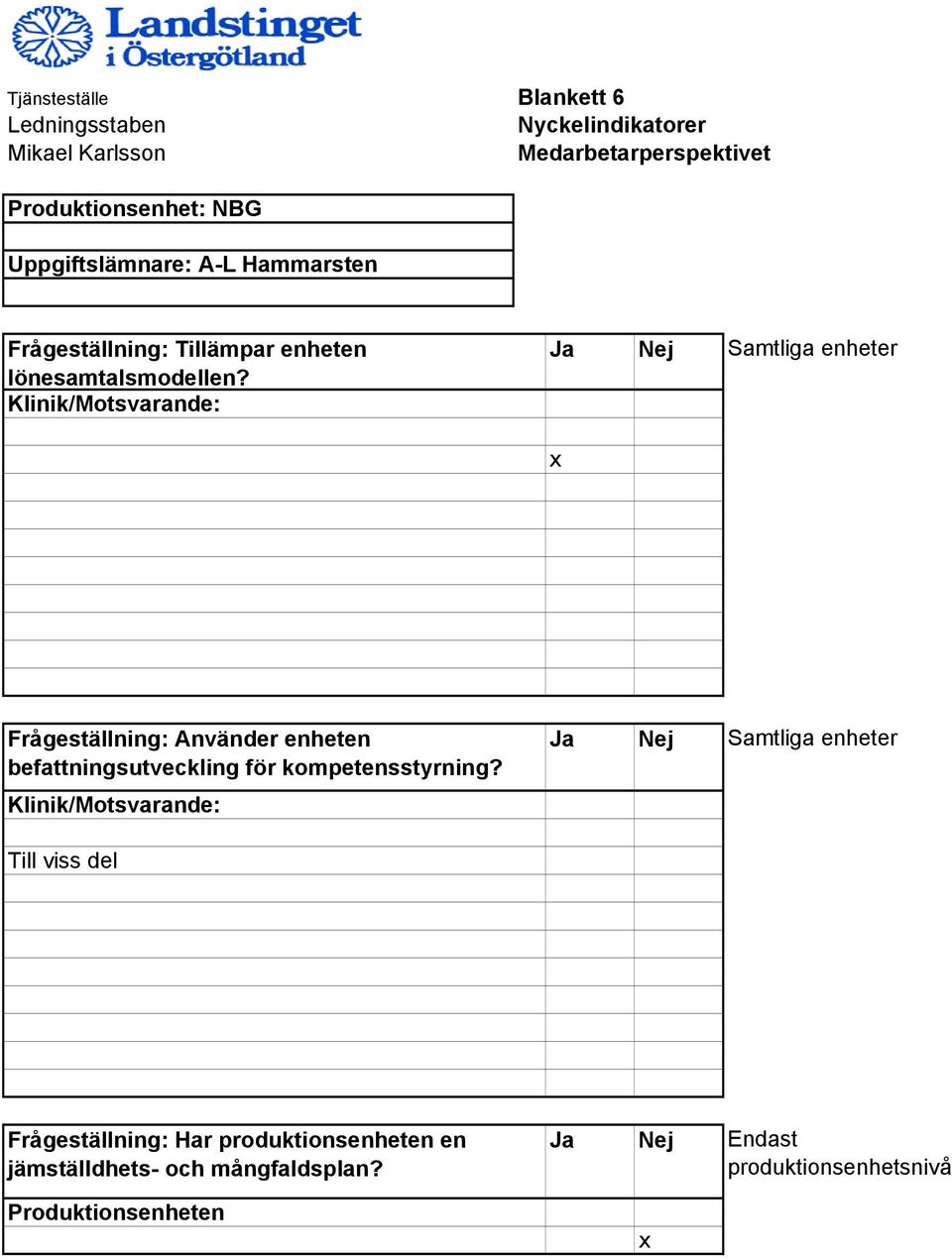 Klinik/Motsvarande: Ja Nej Samtliga enheter x Frågeställning: Använder enheten befattningsutveckling för kompetensstyrning?