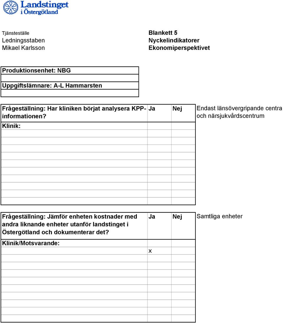 Klinik: Ja Nej Endast länsövergripande centra och närsjukvårdscentrum Frågeställning: Jämför enheten kostnader