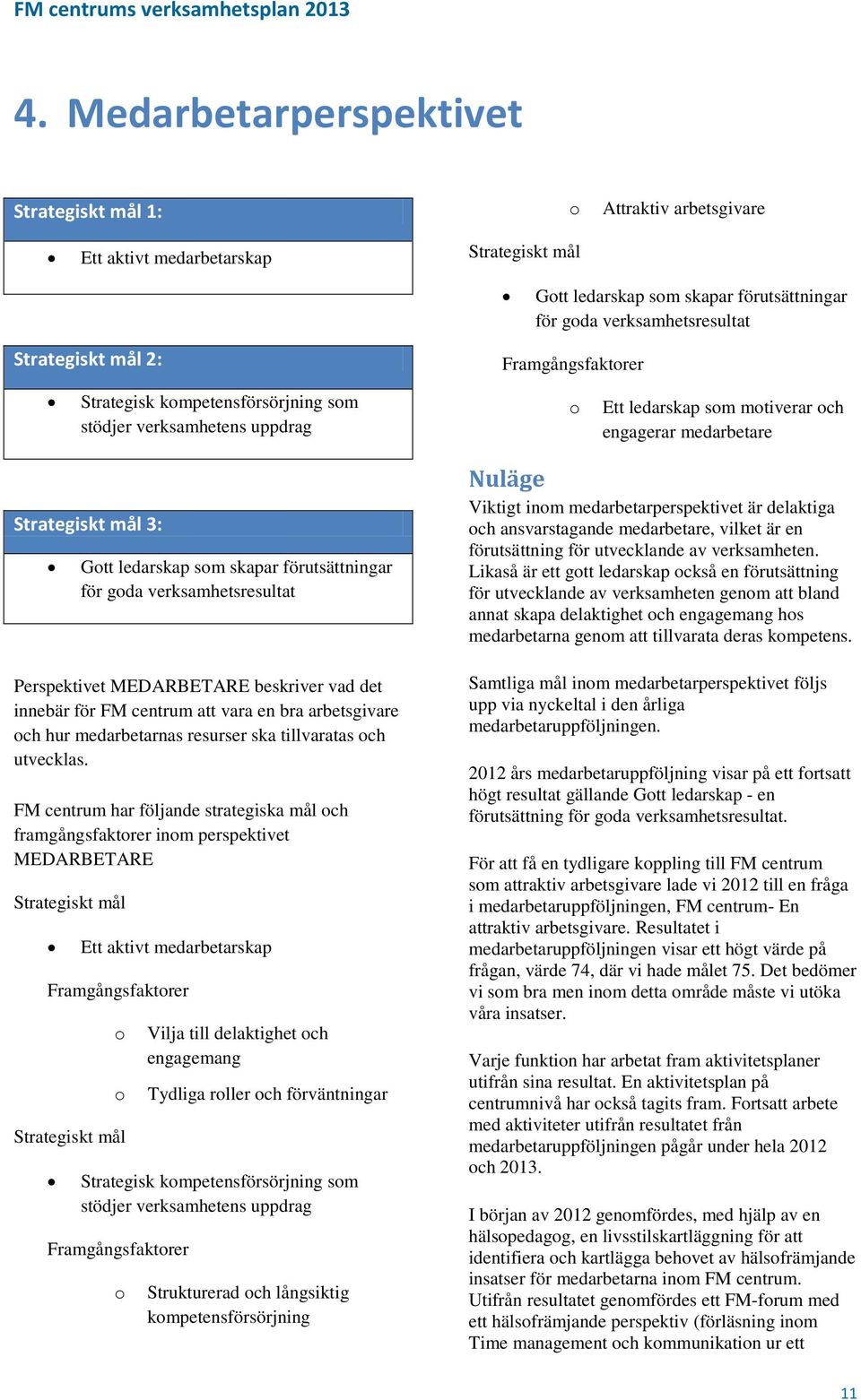 förutsättningar för goda verksamhetsresultat Perspektivet MEDARBETARE beskriver vad det innebär för FM centrum att vara en bra arbetsgivare och hur medarbetarnas resurser ska tillvaratas och