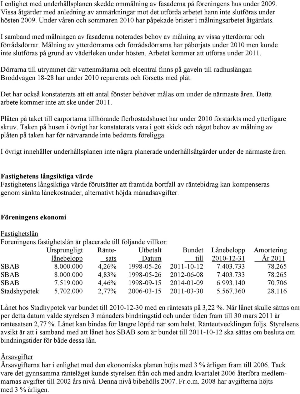 Målning av ytterdörrarna och förrådsdörrarna har påbörjats under 2010 men kunde inte slutföras på grund av väderleken under hösten. Arbetet kommer att utföras under 2011.