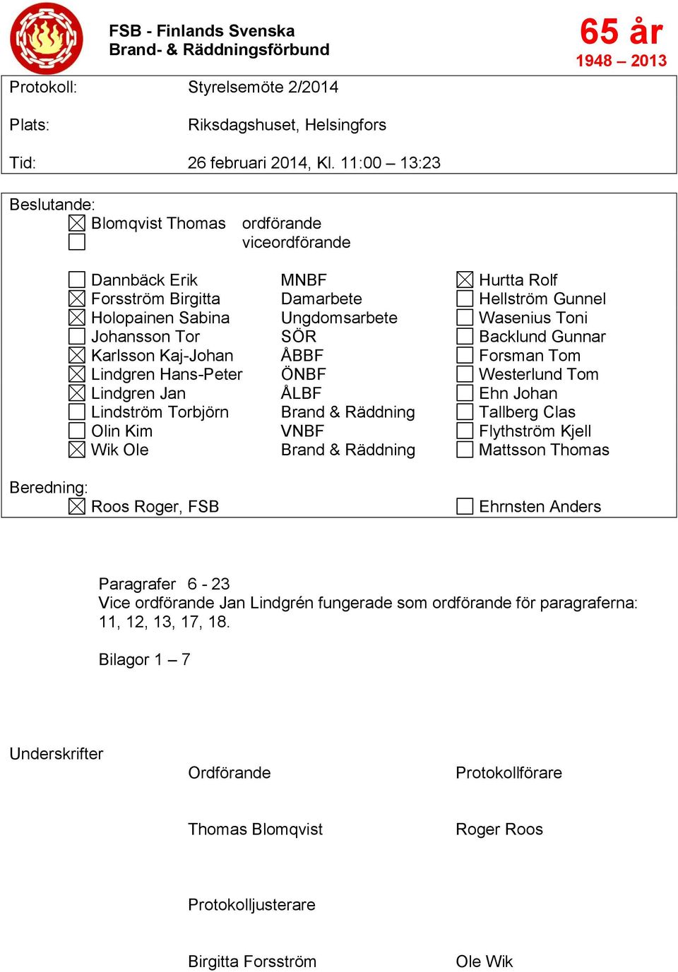 Tor SÖR Backlund Gunnar Karlsson Kaj-Johan ÅBBF Forsman Tom Lindgren Hans-Peter ÖNBF Westerlund Tom Lindgren Jan ÅLBF Ehn Johan Lindström Torbjörn Brand & Räddning Tallberg Clas Olin Kim VNBF