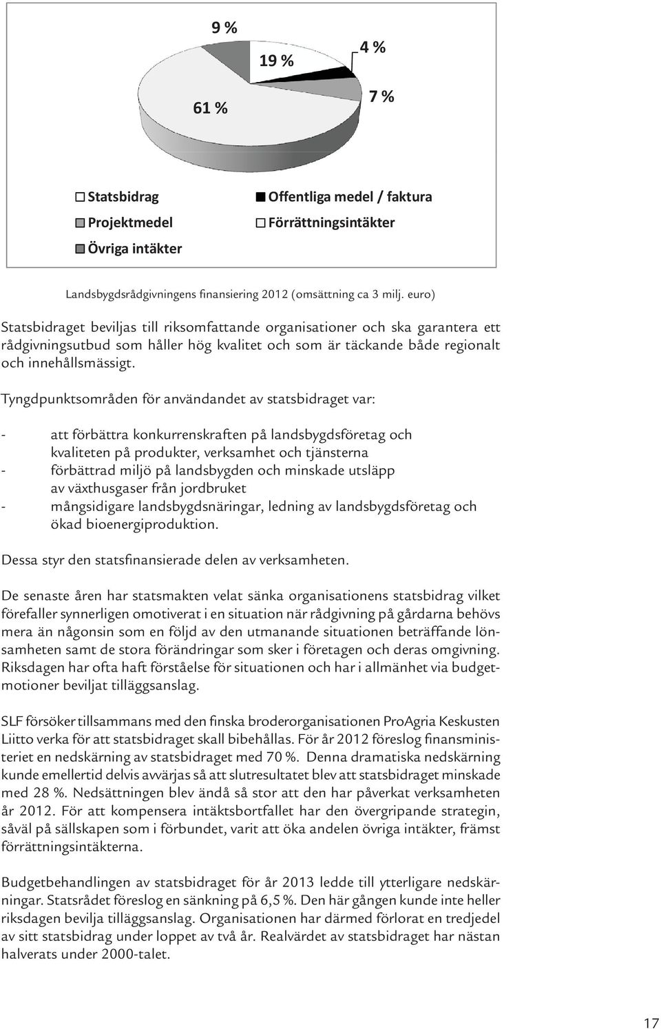 Tyngdpunktsområden för användandet av statsbidraget var: - att förbättra konkurrenskraften på landsbygdsföretag och kvaliteten på produkter, verksamhet och tjänsterna - förbättrad miljö på