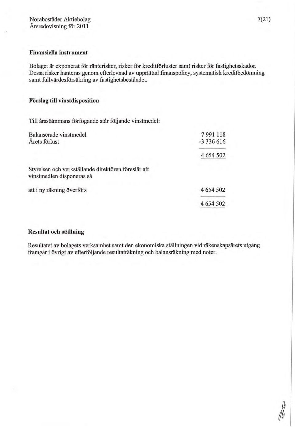 Förslag till vinstdisposition Till årsstämmans forfogande står följande vinstmedel: Balanserade vinstmedel Årets förlust 7991118-3 336 616 4654502 Styrelsen och verkställande direktören