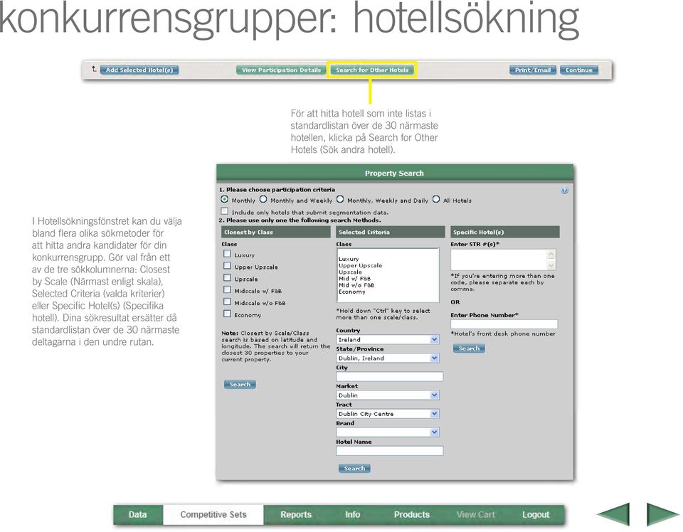 I Hotellsökningsfönstret kan du välja bland flera olika sökmetoder för att hitta andra kandidater för din konkurrensgrupp.