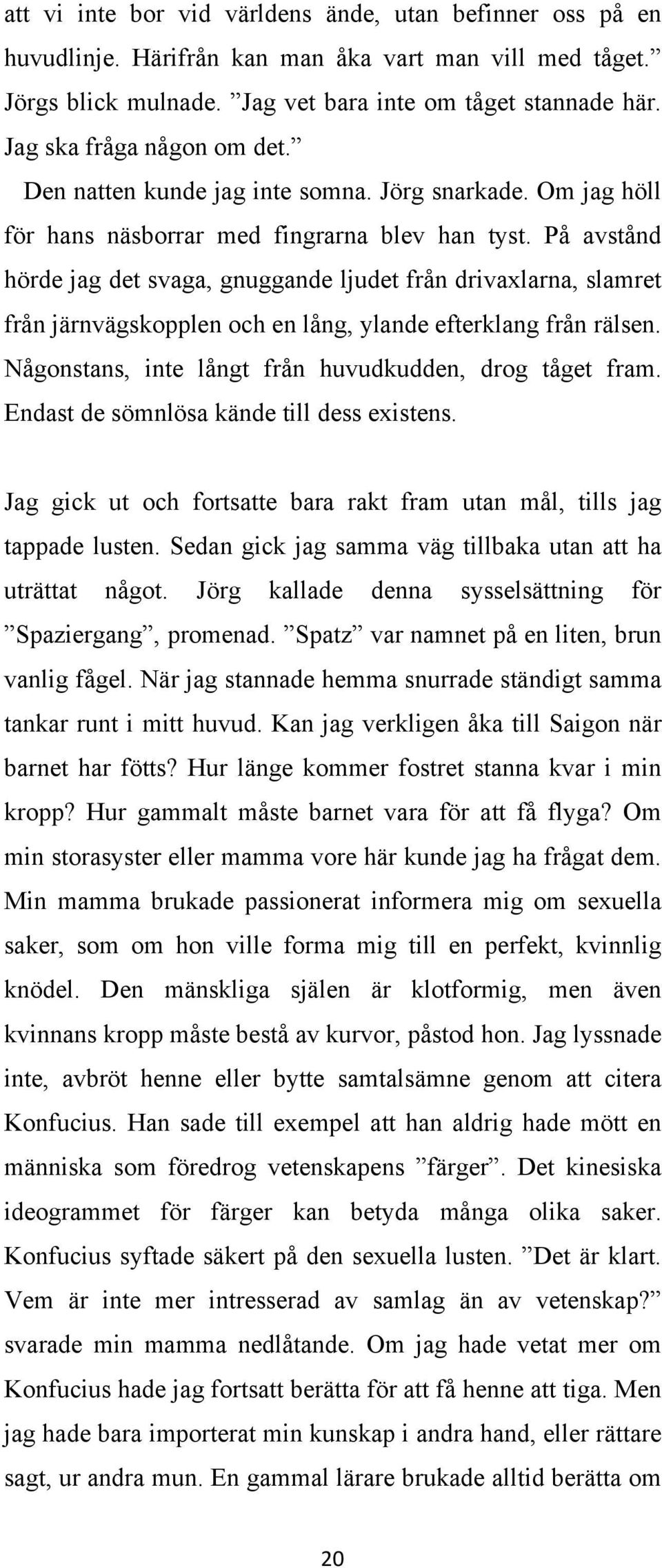 På avstånd hörde jag det svaga, gnuggande ljudet från drivaxlarna, slamret från järnvägskopplen och en lång, ylande efterklang från rälsen. Någonstans, inte långt från huvudkudden, drog tåget fram.