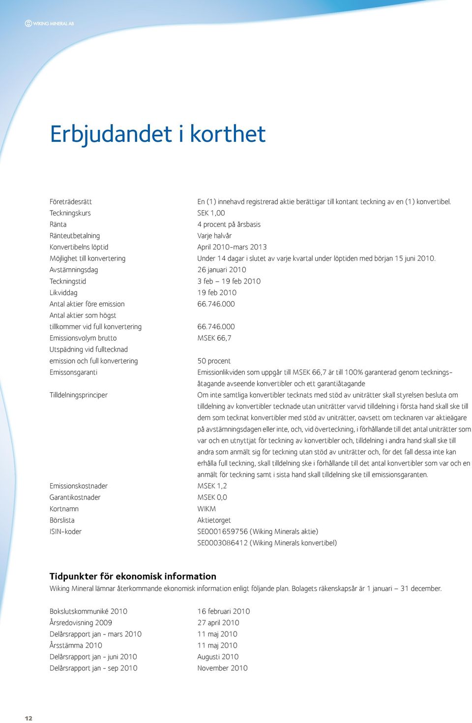 löptiden med början 15 juni 2010. Avstämningsdag 26 januari 2010 Teckningstid 3 feb 19 feb 2010 Likviddag 19 feb 2010 Antal aktier före emission 66.746.