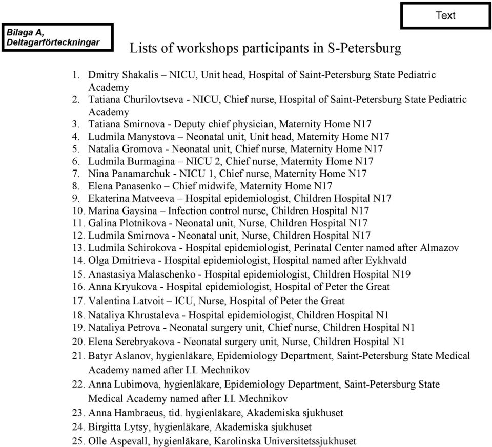 Ludmila Manystova Neonatal unit, Unit head, Maternity Home N17 5. Natalia Gromova - Neonatal unit, Chief nurse, Maternity Home N17 6. Ludmila Burmagina NICU 2, Chief nurse, Maternity Home N17 7.