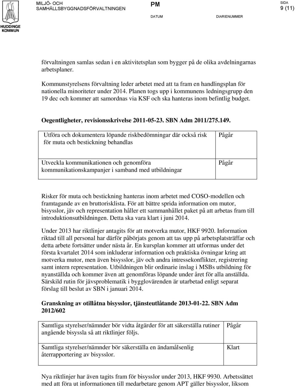 Planen togs upp i kommunens ledningsgrupp den 19 dec och kommer att samordnas via KSF och ska hanteras inom befintlig budget. Oegentligheter, revisionsskrivelse 2011-05-23. SBN Adm 2011/275.149.