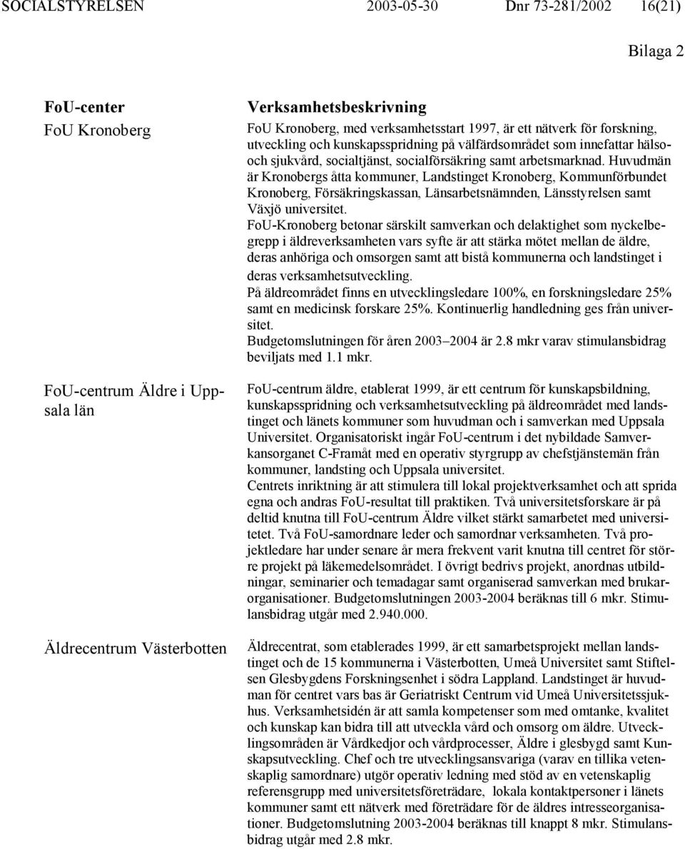 Huvudmän är Kronobergs åtta kommuner, Landstinget Kronoberg, Kommunförbundet Kronoberg, Försäkringskassan, Länsarbetsnämnden, Länsstyrelsen samt Växjö universitet.