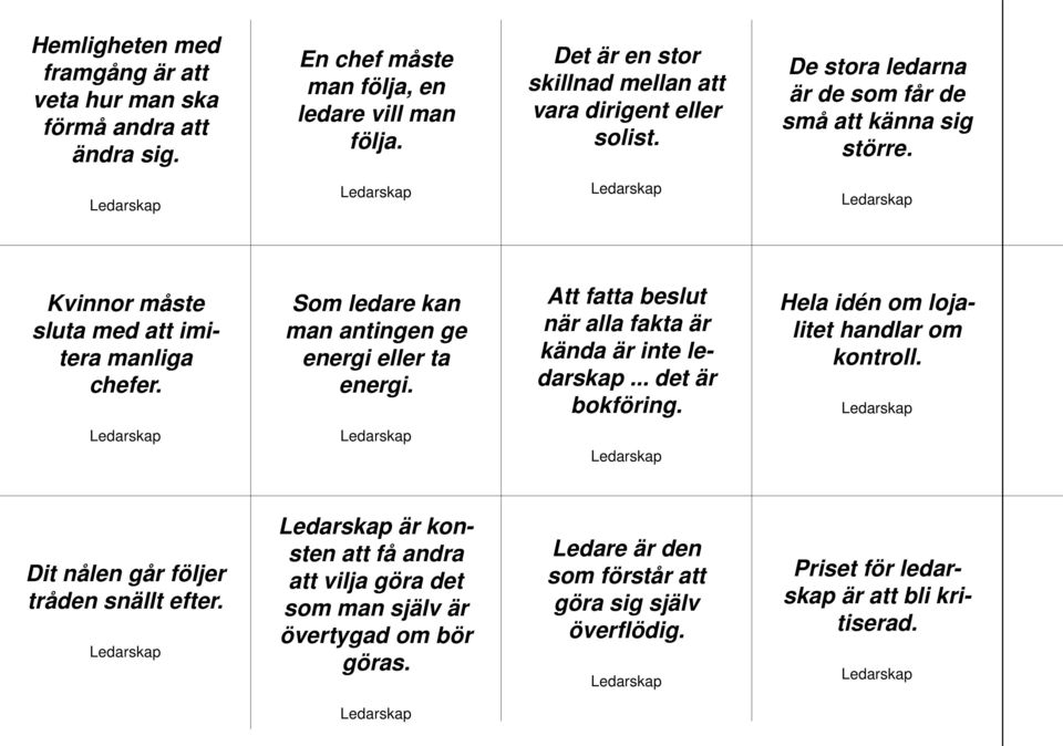 Som ledare kan man antingen ge energi eller ta energi. Att fatta beslut när alla fakta är kända är inte ledarskap... det är bokföring.