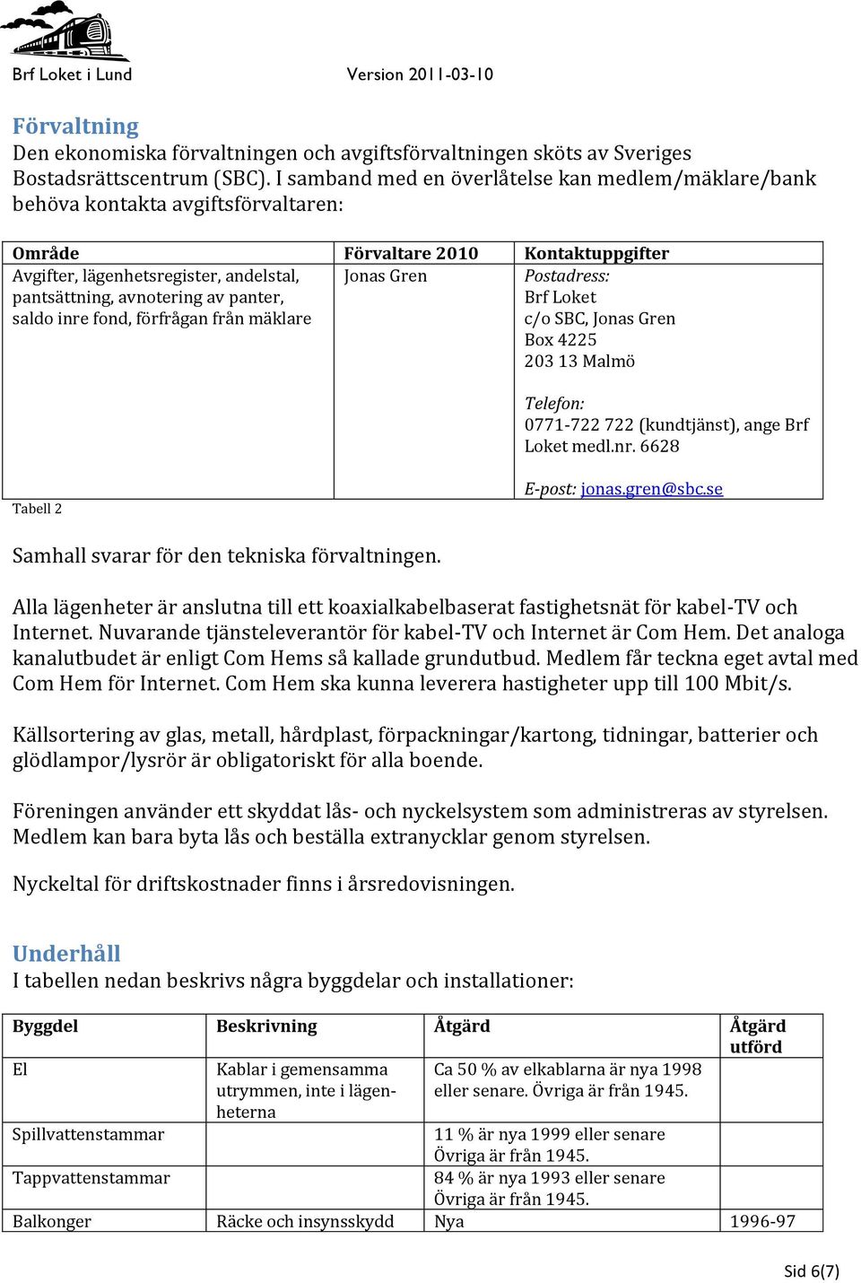 panter, saldo inre fond, förfrågan från mäklare Jonas Gren Postadress: Brf Loket c/o SBC, Jonas Gren Box 4225 203 13 Malmö Telefon: 0771-722 722 (kundtjänst), ange Brf Loket medl.nr. 6628 Tabell 2 E-post: jonas.