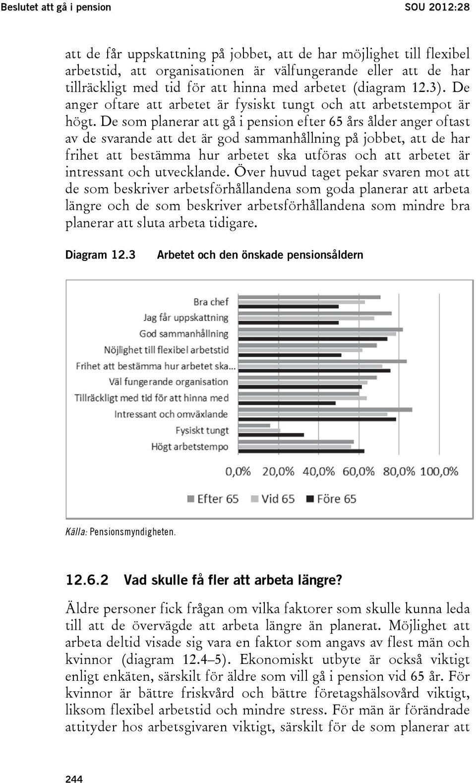 De som planerar att gå i pension efter 65 års ålder anger oftast av de svarande att det är god sammanhållning på jobbet, att de har frihet att bestämma hur arbetet ska utföras och att arbetet är