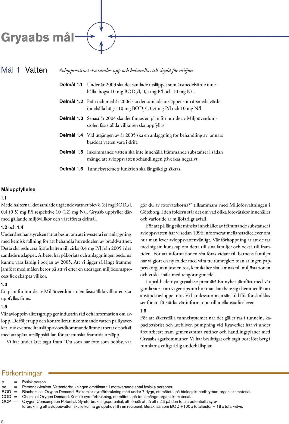 2 Från och med år 2006 ska det samlade utsläppet som årsmedelvärde innehålla högst 10 mg BOD 7 /l, 0,4 mg P/l och 10 mg N/l. Delmål 1.
