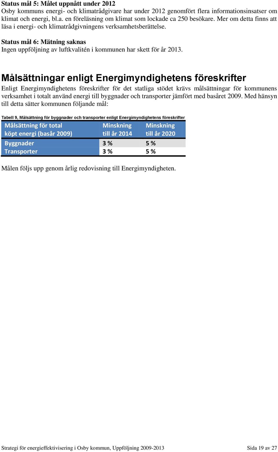 Målsättningar enligt Energimyndighetens föreskrifter Enligt Energimyndighetens föreskrifter för det statliga stödet krävs målsättningar för kommunens verksamhet i totalt använd energi till byggnader