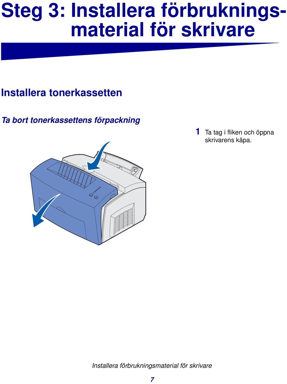 tonerkassettens förpackning 1 Ta tag i fliken och