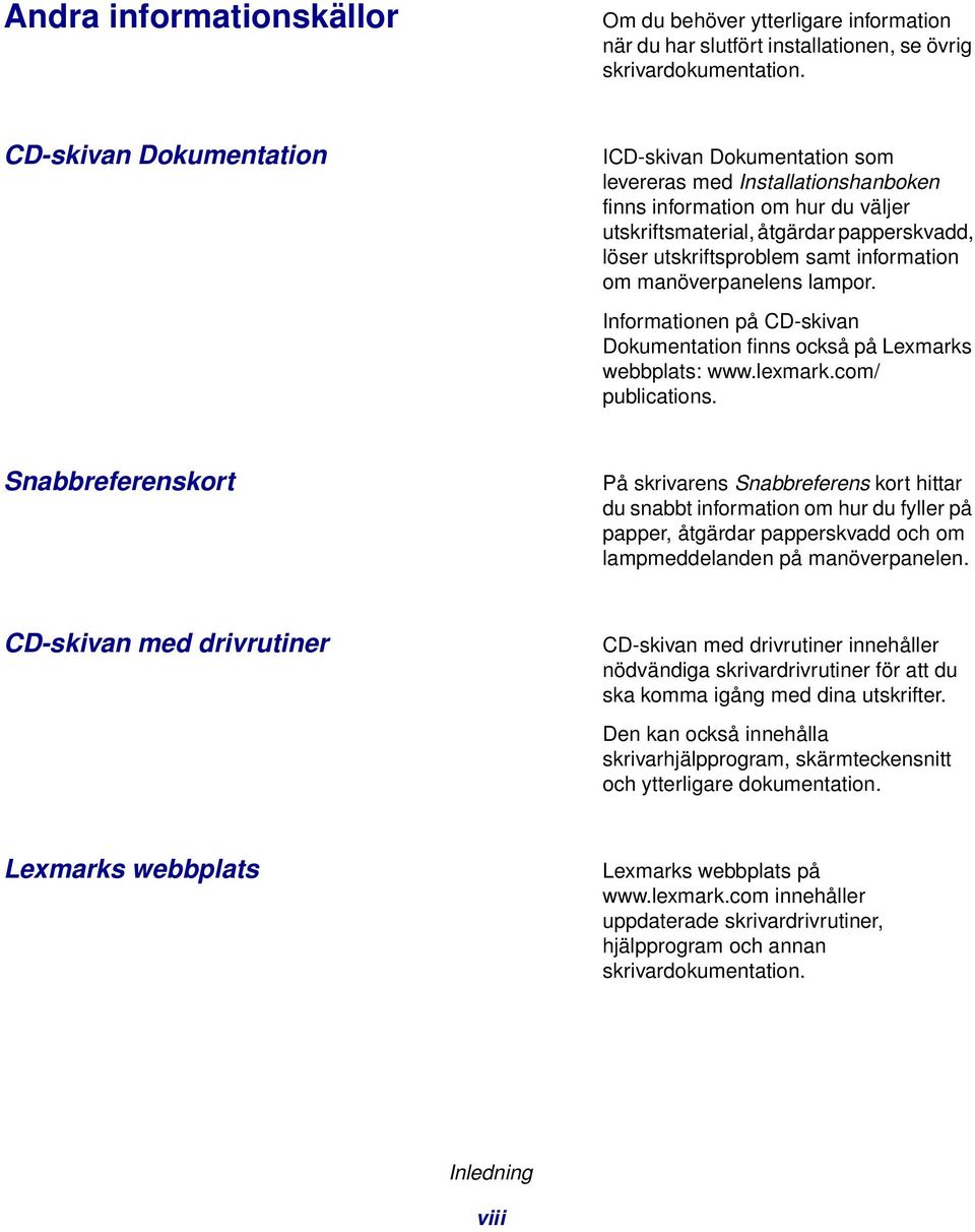 information om manöverpanelens lampor. Informationen på CD-skivan Dokumentation finns också på Lexmarks webbplats: www.lexmark.com/ publications.