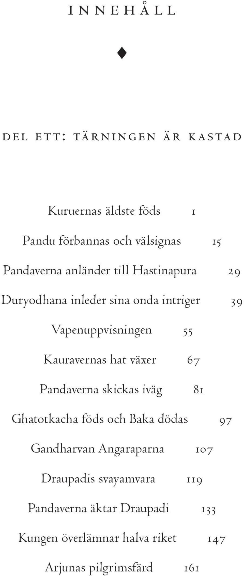 hat växer 67 Pandaverna skickas iväg 81 Ghatotkacha föds och Baka dödas 97 Gandharvan Angaraparna 107