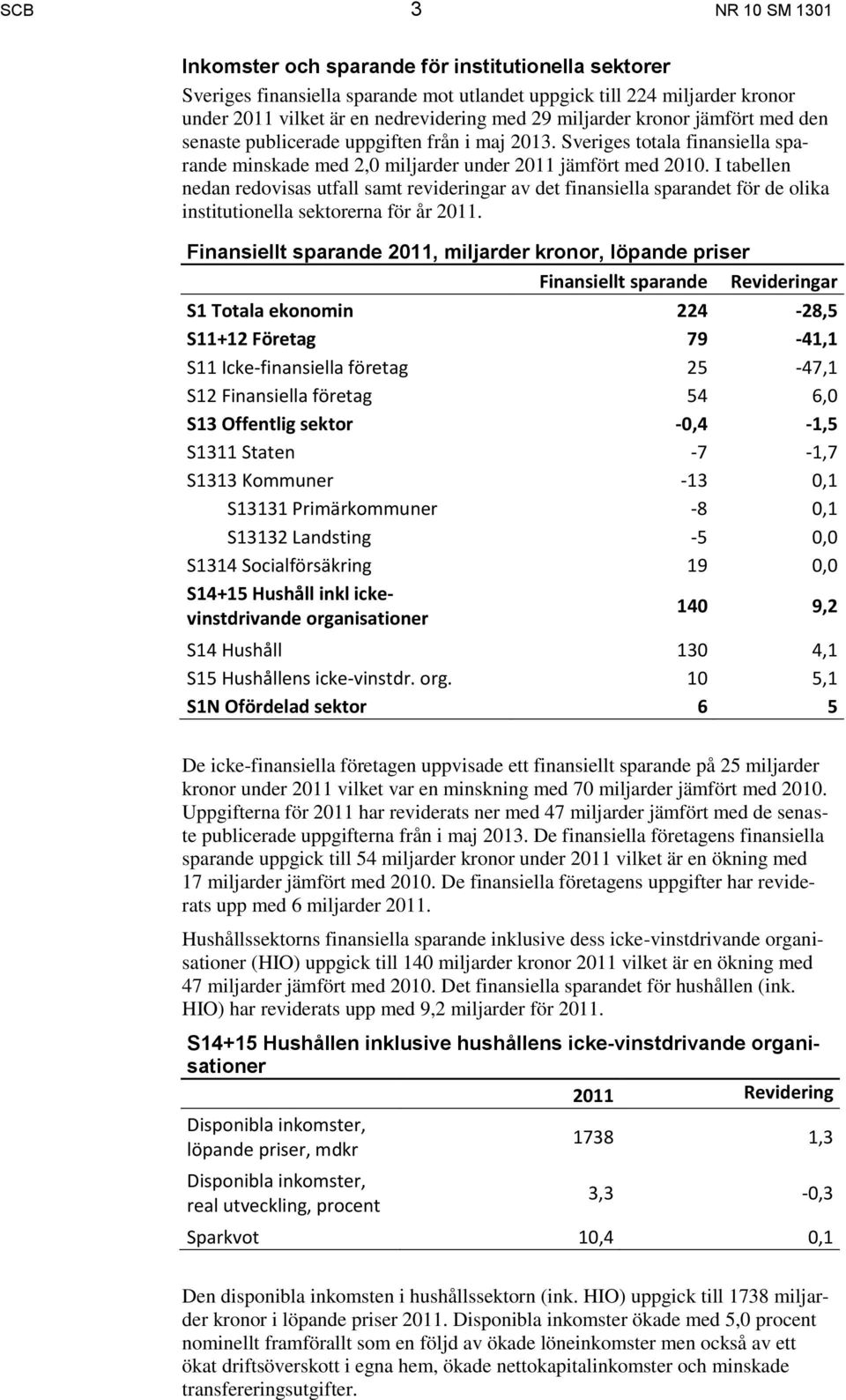 I tabellen nedan redovisas utfall samt revideringar av det finansiella sparandet för de olika institutionella sektorerna för år 2011.