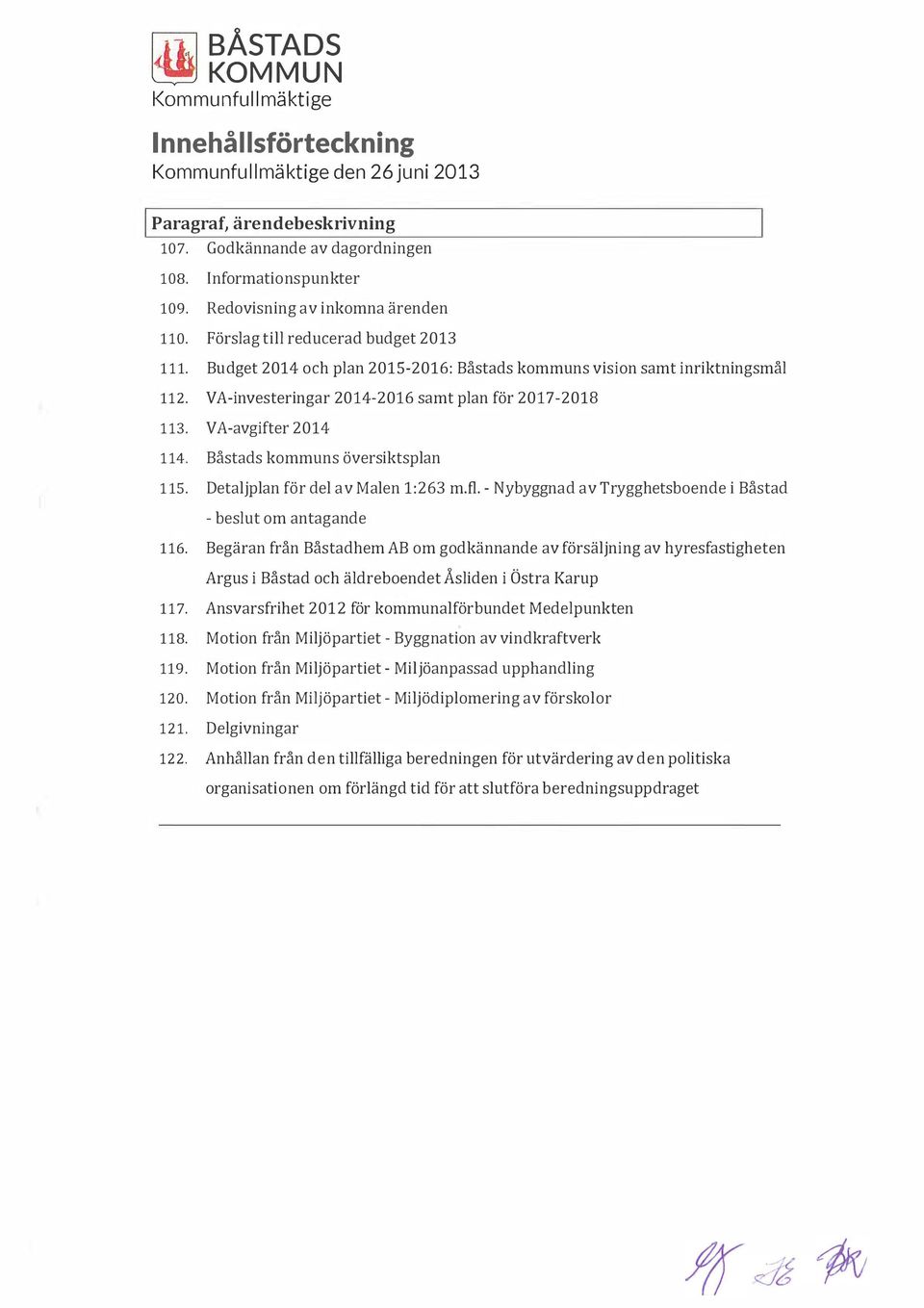 VA-investeringar 2014-2016 samt plan för 2017-2018 113. VA-avgifter 2014 114. Båstads kommuns översiktsplan 115. Detaljplan för del av Malen 1:263 m.fl.