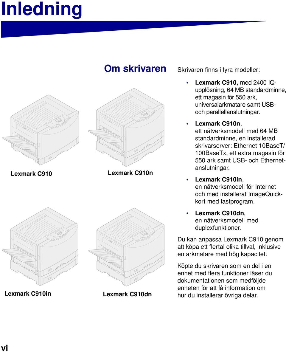 Lexmark C910n, ett nätverksmodell med 64 MB standardminne, en installerad skrivarserver: Ethernet 10BaseT/ 100BaseTx, ett extra magasin för 550 ark samt USB- och Ethernetanslutningar.