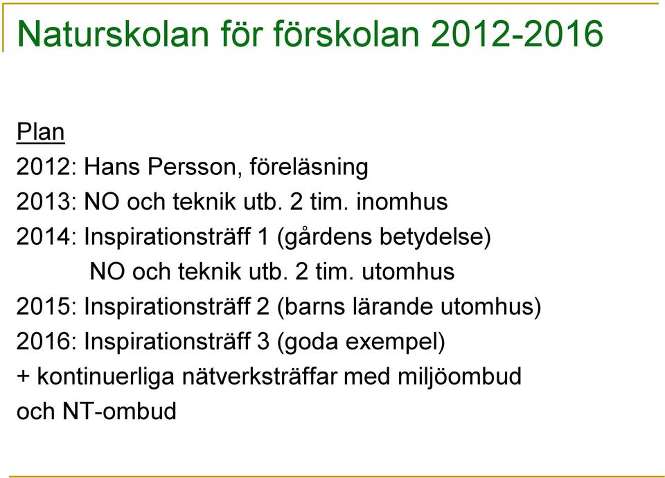 inomhus 2014: Inspirationsträff 1 (gårdens betydelse) NO och  utomhus 2015: