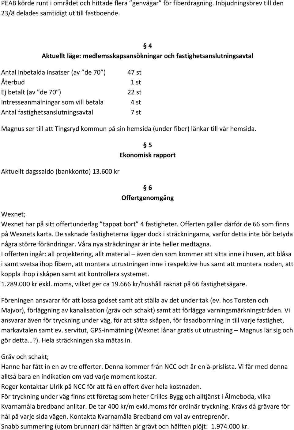 fastighetsanslutningsavtal 47 st 1 st 22 st 4 st 7 st Magnus ser till att Tingsryd kommun på sin hemsida (under fiber) länkar till vår hemsida. Aktuellt dagssaldo (bankkonto) 13.