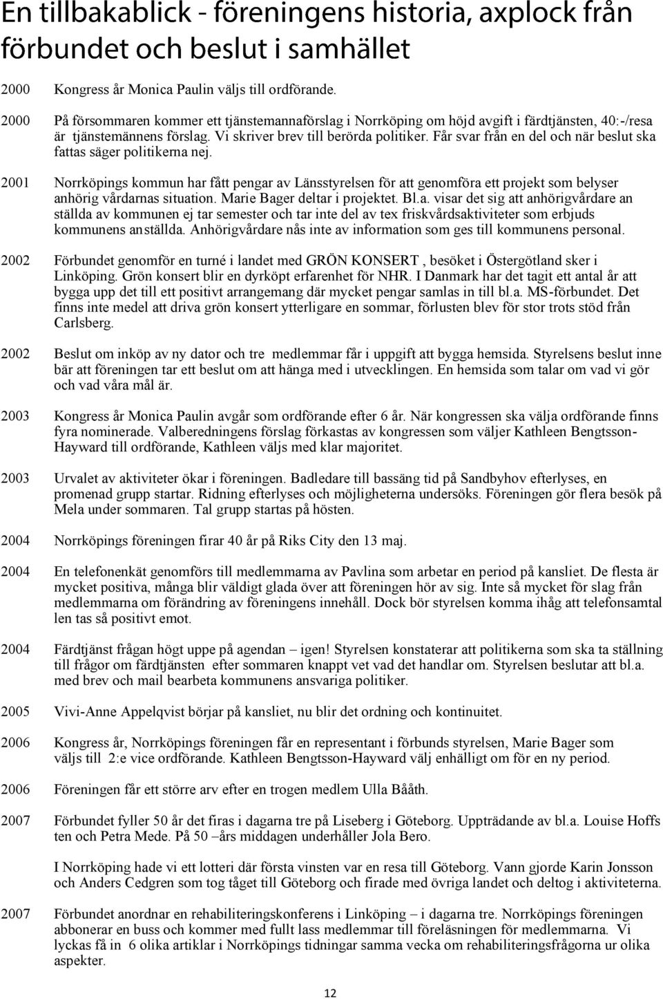 2001 Norrköpings kommun har fått pengar av Länsstyrelsen för att genomföra ett projekt som belyser anhörig vårdarnas situation. Marie Bager deltar i projektet. Bl.a. visar det sig att anhörigvårdare an ställda av kommunen ej tar semester och tar inte del av tex friskvårdsaktiviteter som erbjuds kommunens an ställda.