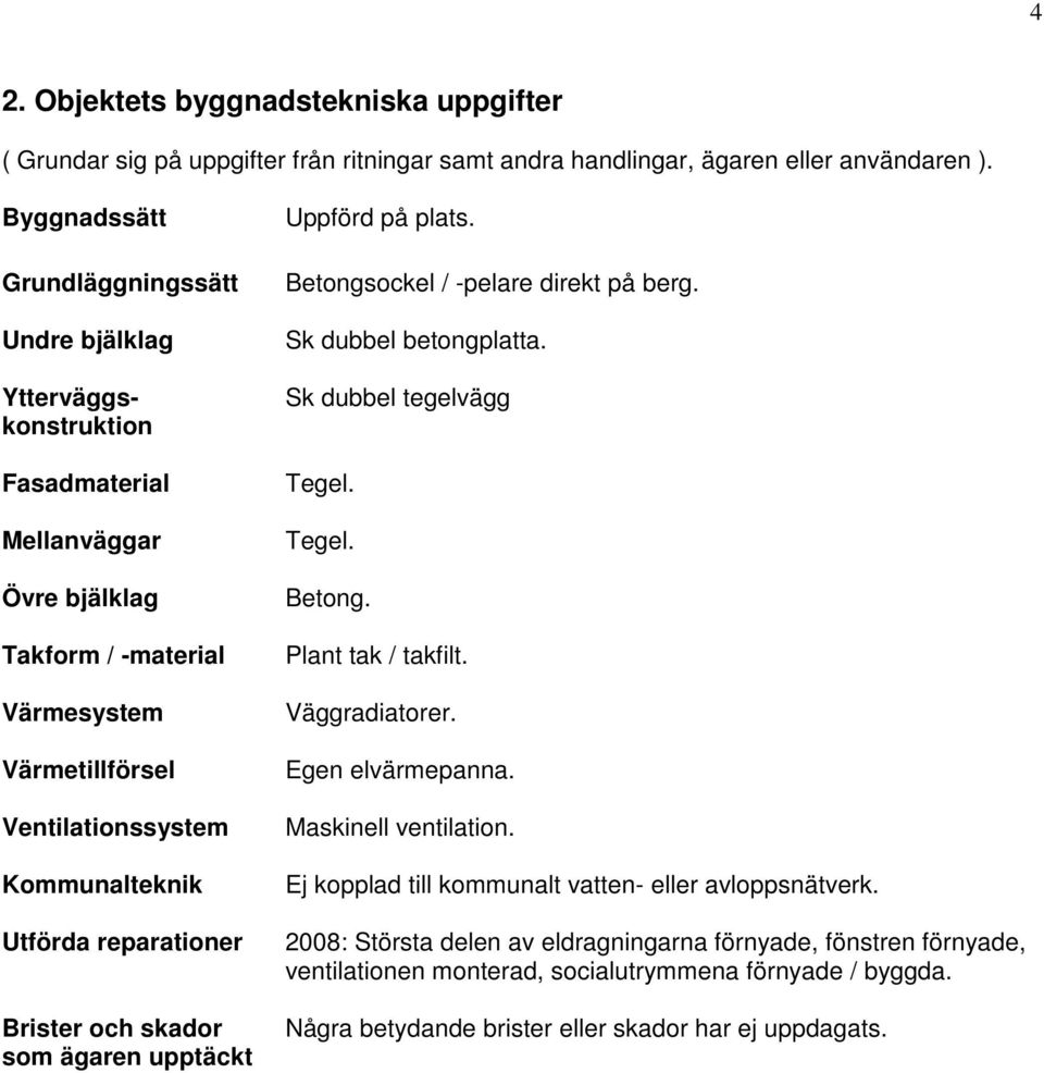 Utförda reparationer Brister och skador som ägaren upptäckt Uppförd på plats. Betongsockel / -pelare direkt på berg. Sk dubbel betongplatta. Sk dubbel tegelvägg Tegel. Tegel. Betong. Plant tak / takfilt.