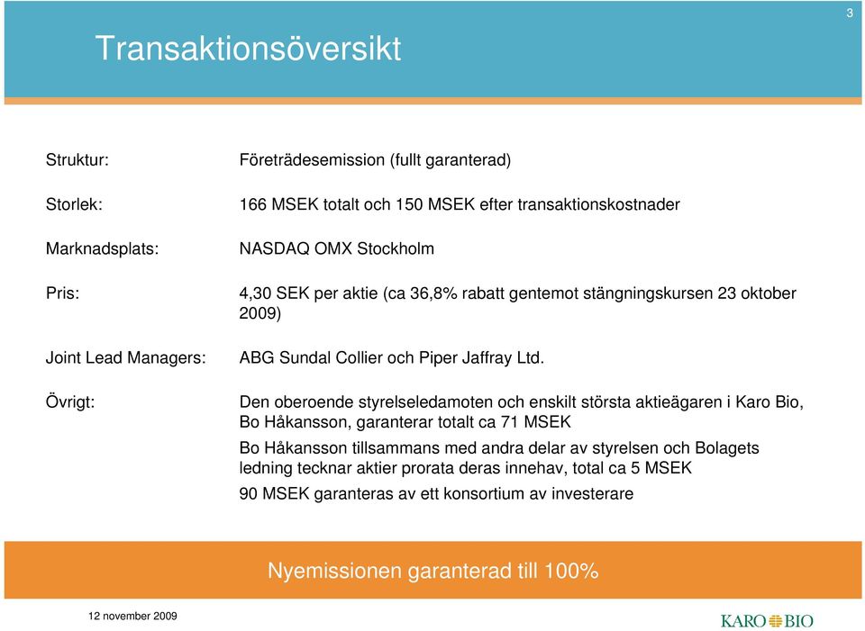 Den oberoende styrelseledamoten och enskilt största aktieägaren i Karo Bio, Bo Håkansson, garanterar totalt ca 71 MSEK Bo Håkansson tillsammans med andra delar av