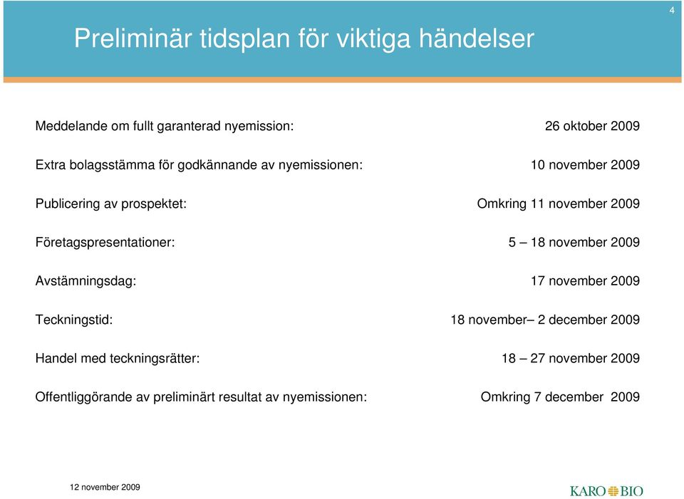 Företagspresentationer: 5 18 november 2009 Avstämningsdag: 17 november 2009 Teckningstid: 18 november 2 december 2009