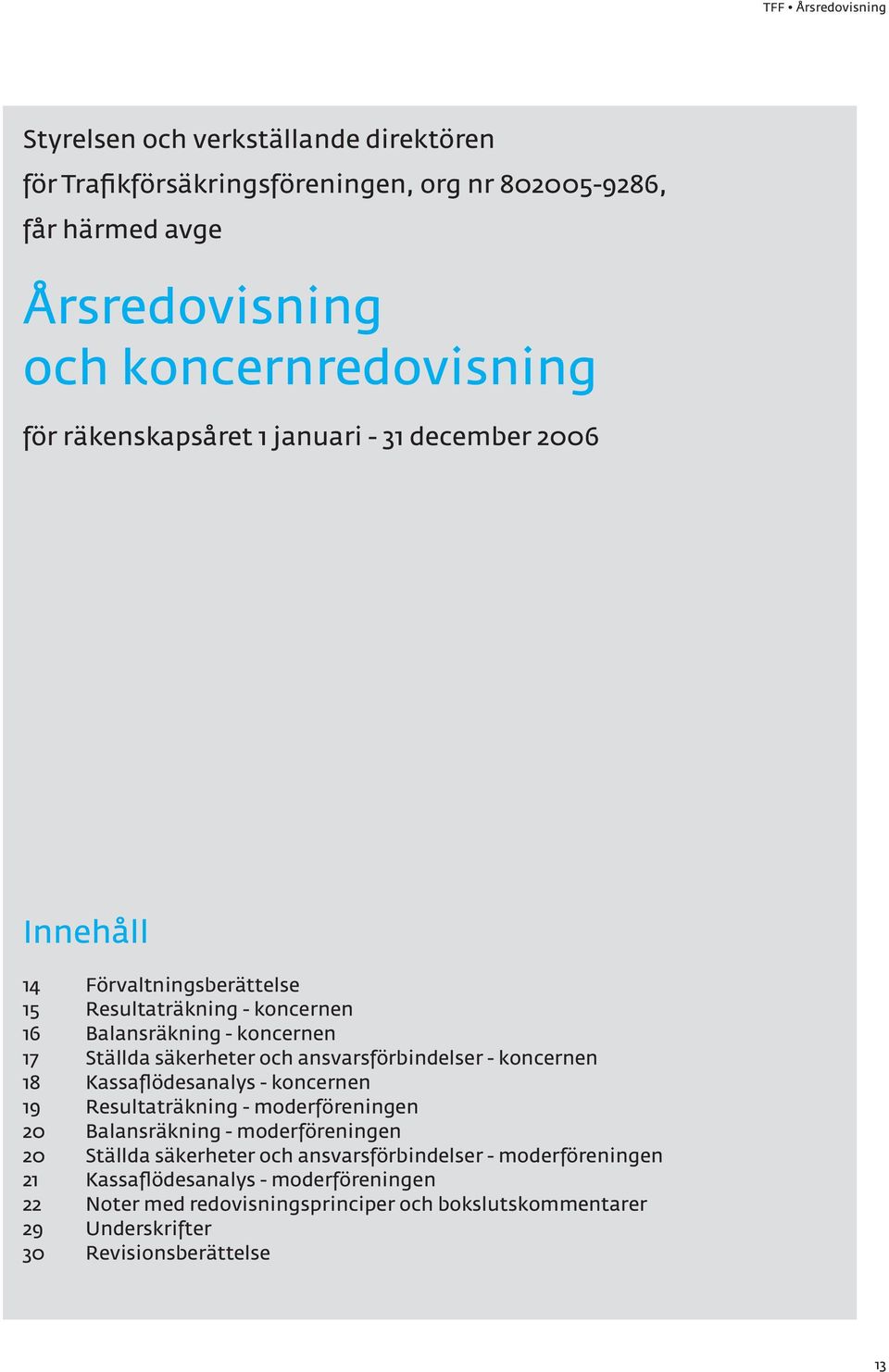 ansvarsförbindelser - koncernen 18 Kassaflödesanalys - koncernen 19 Resultaträkning - moderföreningen 20 Balansräkning - moderföreningen 20 Ställda säkerheter och