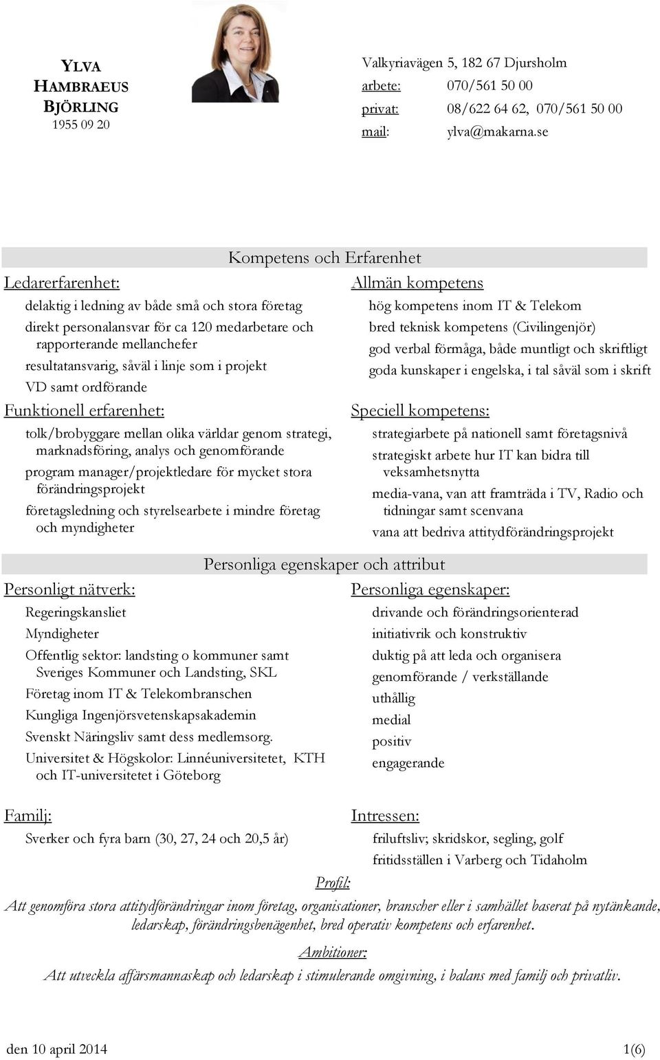 ordförande Kompetens och Erfarenhet Funktionell erfarenhet: tolk/brobyggare mellan olika världar genom strategi, marknadsföring, analys och genomförande program manager/projektledare för mycket stora