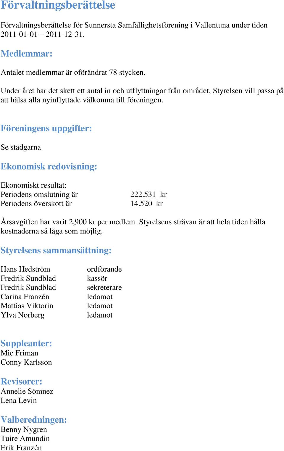 Föreningens uppgifter: Se stadgarna Ekonomisk redovisning: Ekonomiskt resultat: Periodens omslutning är Periodens överskott är 222.531 kr 14.520 kr Årsavgiften har varit 2,900 kr per medlem.