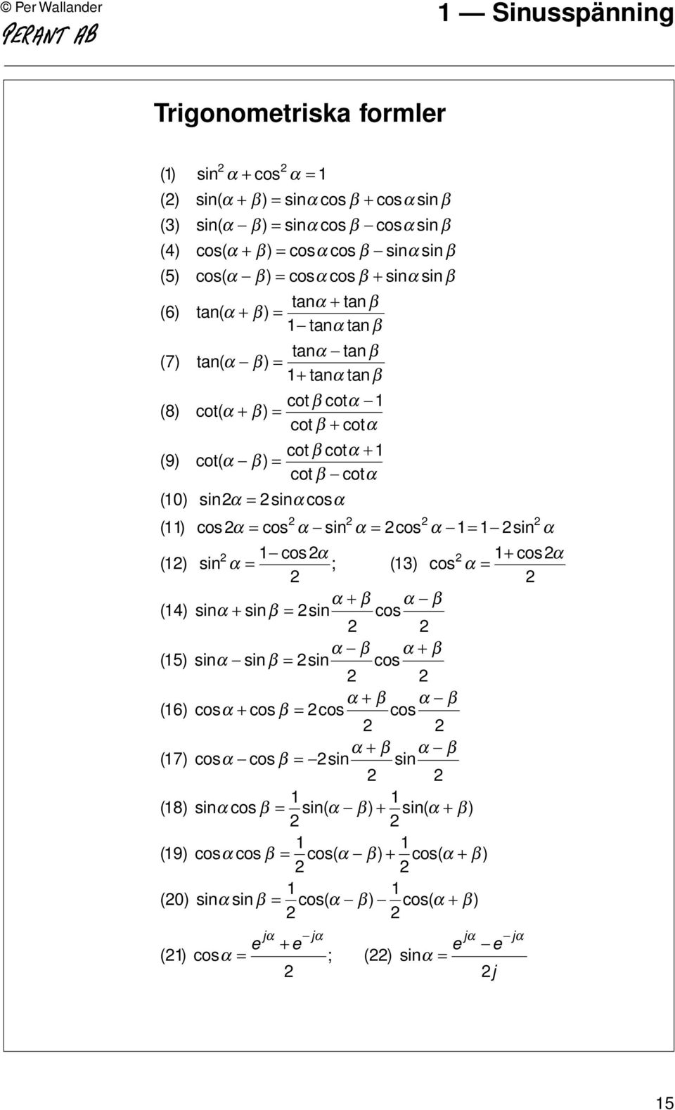 sinα = sinα cosα (11) cos α = cos α sin α = cos α 1= 1 sin α 1 cosα 1+ cosα (1) sin α = ; (13) cos α = α + β α β ( 14) sinα + sinβ = sin cos α β α + β (15) sinα sinβ = sin cos α + β α β (16) cosα +