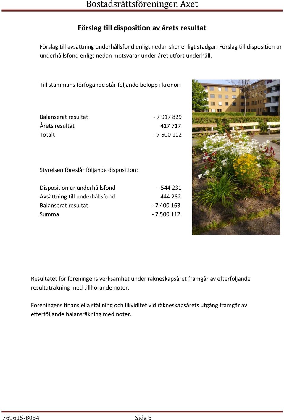 Till stämmans förfogande står följande belopp i kronor: Balanserat resultat - 7 917 829 Årets resultat 417 717 Totalt - 7 500 112 Styrelsen föreslår följande disposition: Disposition ur